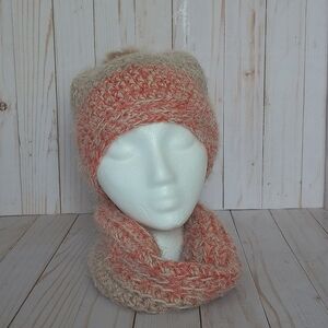 Hand crocheted beanie with a faux fur pom and cowl scarf set